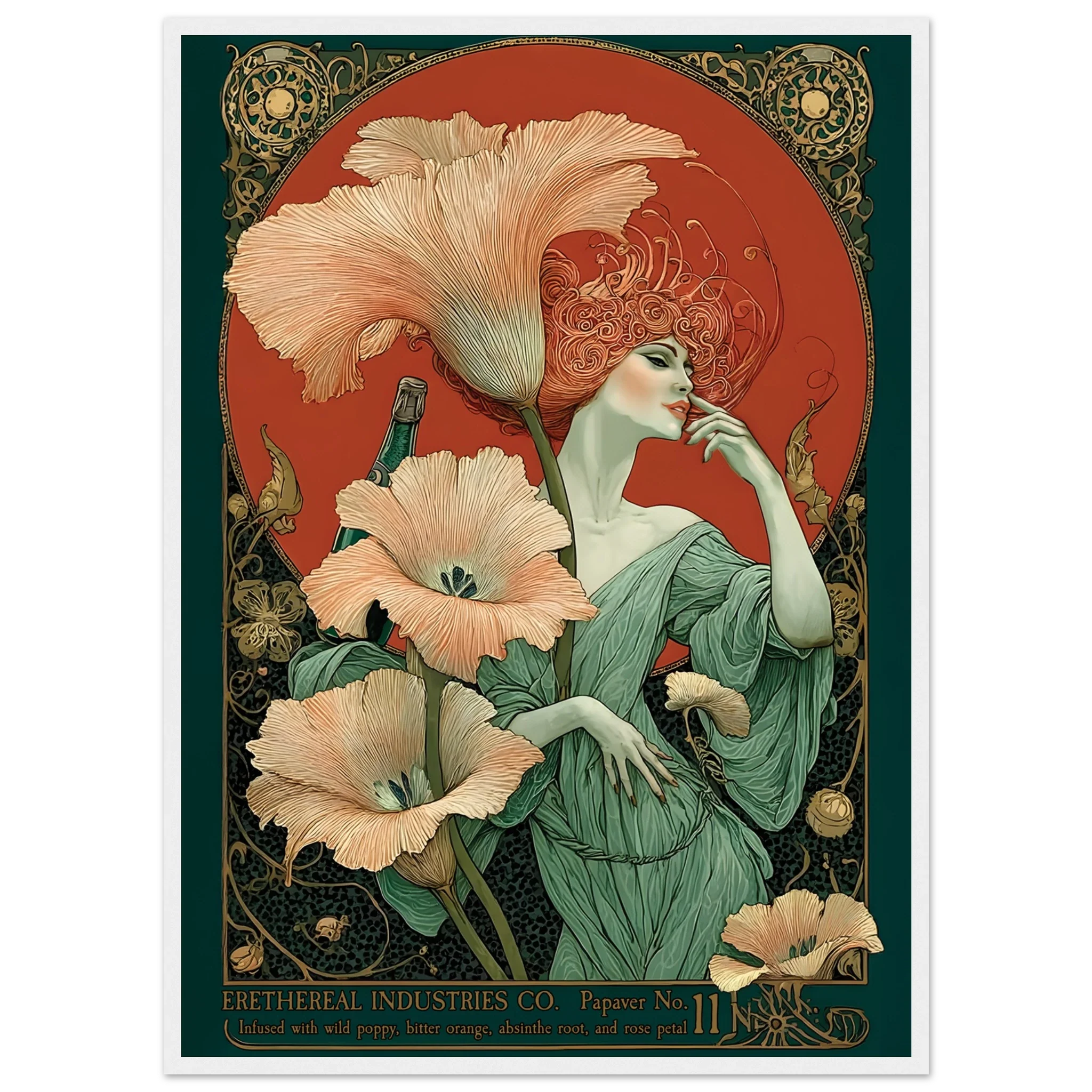 Art Nouveau-style poster with a woman and flowers, featuring intricate designs and a red background.