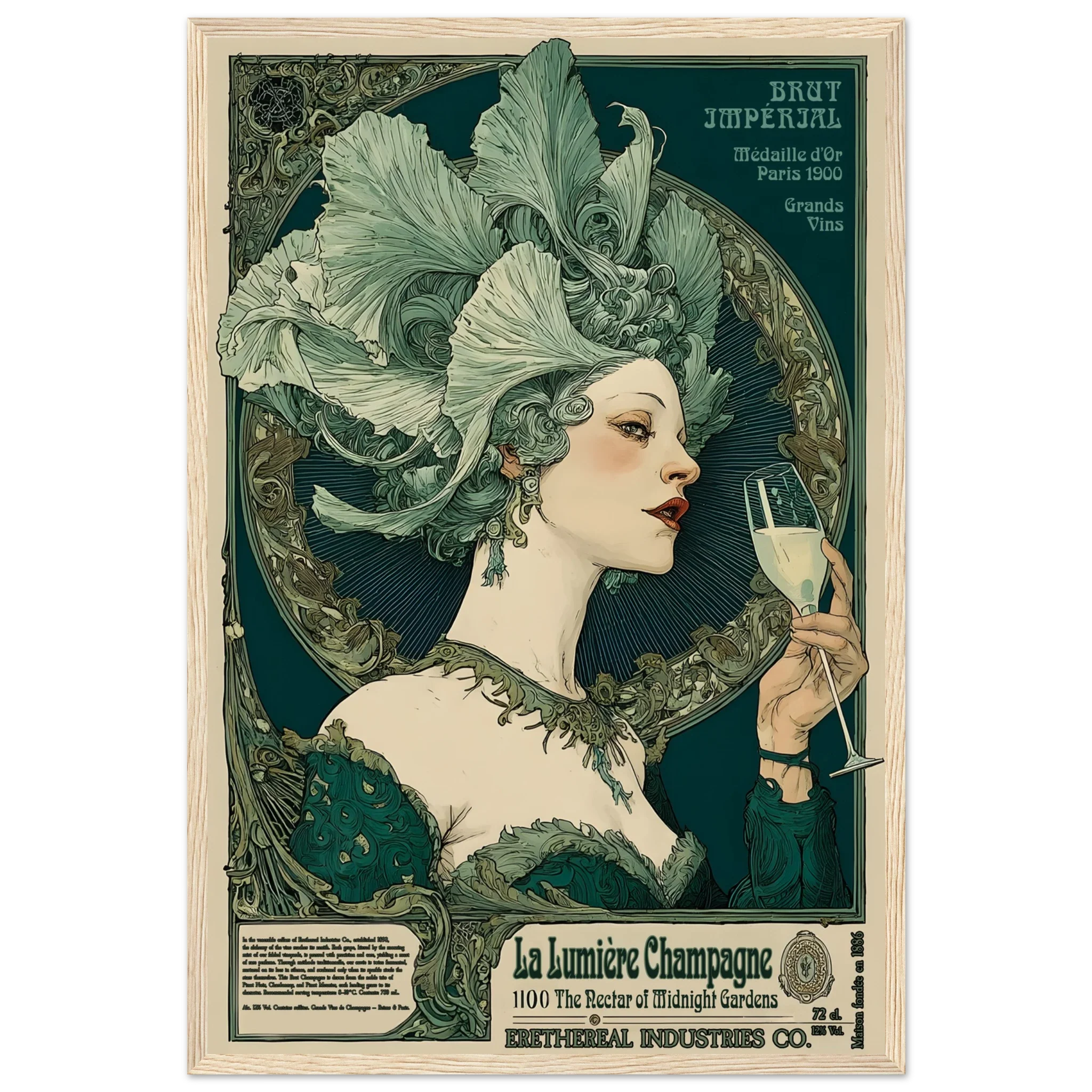 Vintage-style poster of a woman with an elaborate headdress holding a champagne glass, with decorative text and design elements.