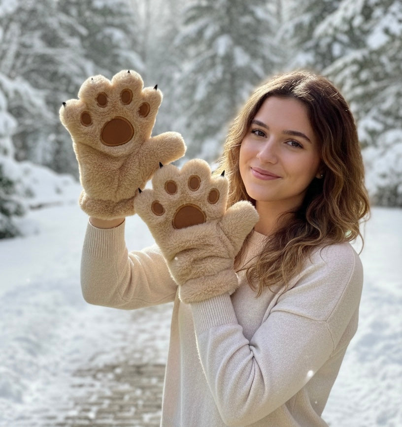 A woman in a beige sweater wearing fuzzy beige paw-print gloves, posing outdoors in a snowy forest setting.
