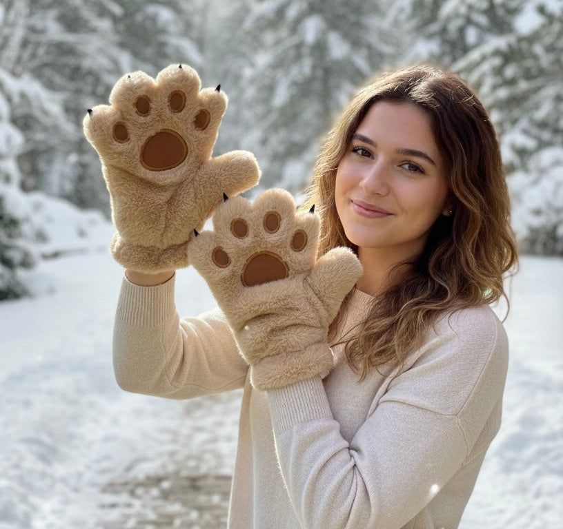 A woman in a beige sweater wearing fuzzy beige paw-print gloves, posing outdoors in a snowy forest setting.