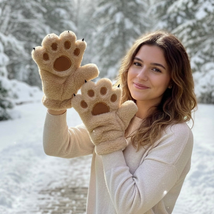 A woman in a beige sweater wearing fuzzy beige paw-print gloves, posing outdoors in a snowy forest setting.