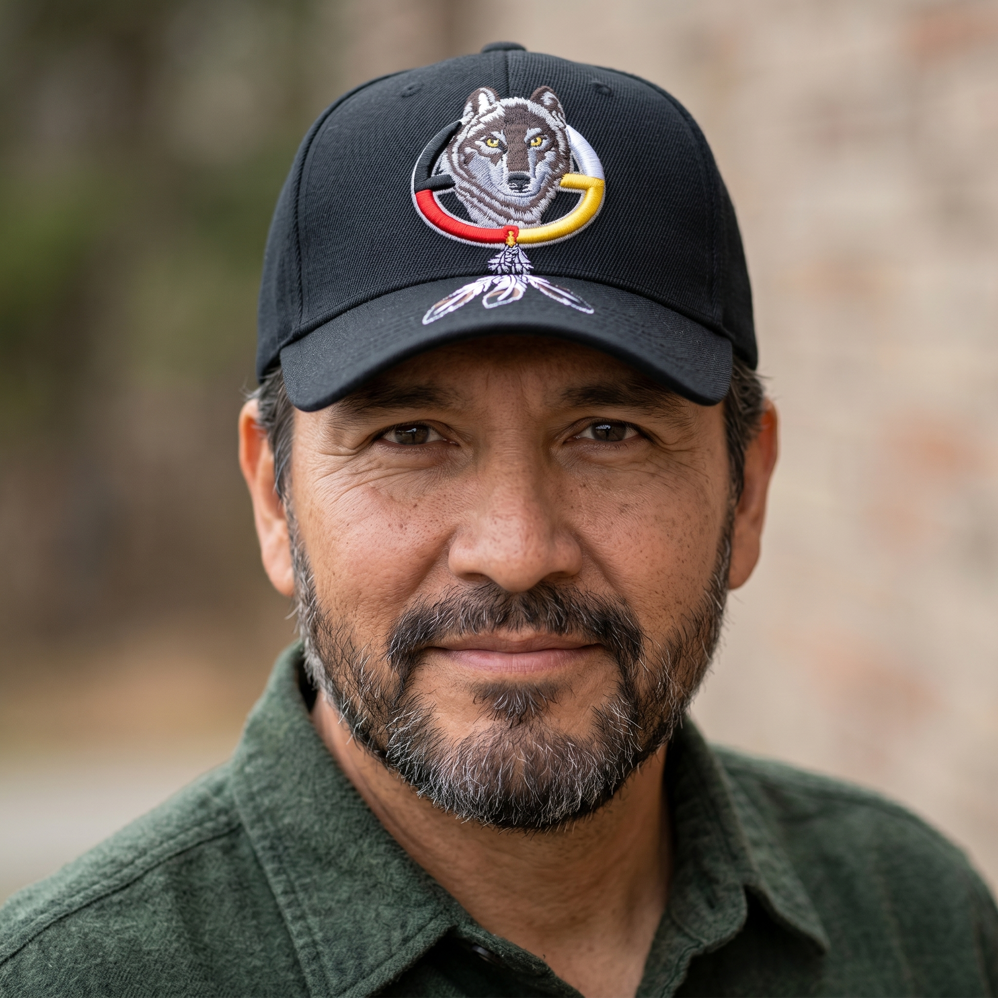 Man wearing a black cap with a wolf design outdoors