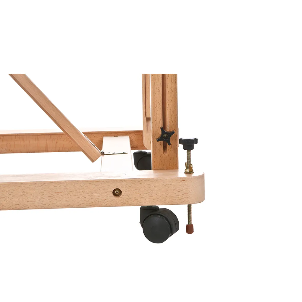 Wooden drafting table with adjustable components on a white background