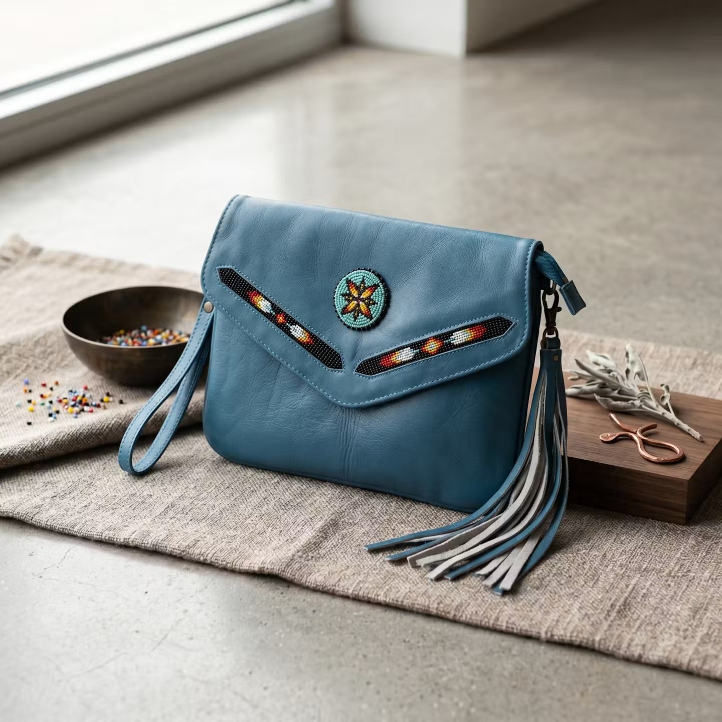 OldTribes Blue leather handbag with fringe on a textured surface