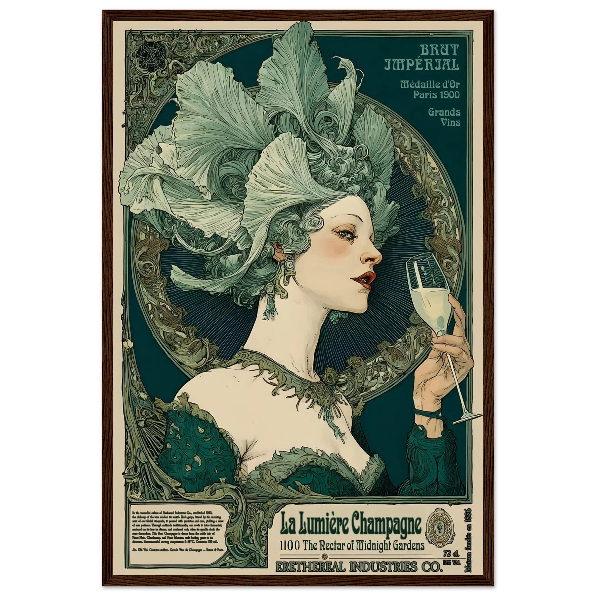 Vintage-style poster of a woman with an elaborate headdress holding a champagne glass, framed by decorative elements.