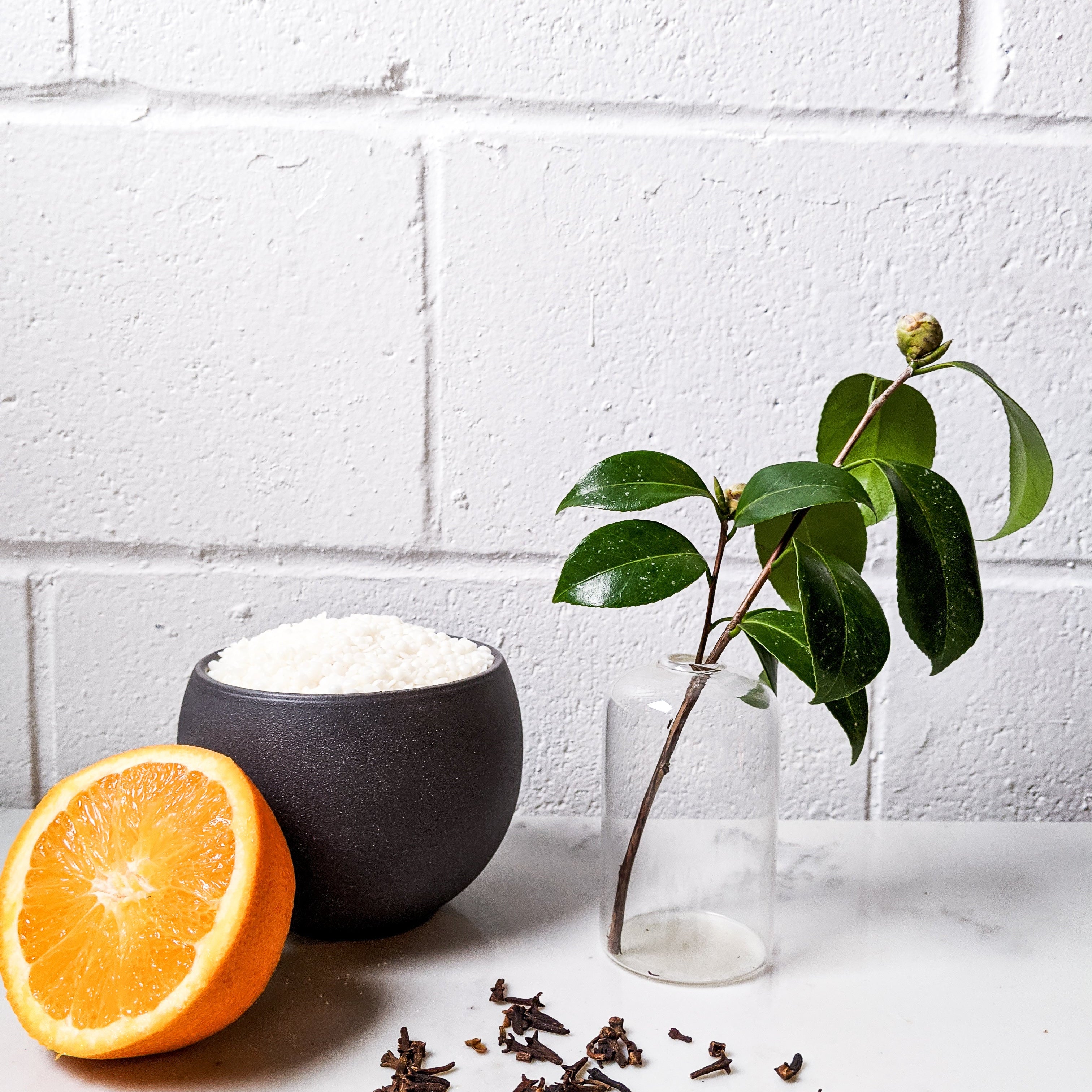 Orange, black bowl with white substance, glass vase with plant, and dried leaves on a white surface against a white brick wall.
