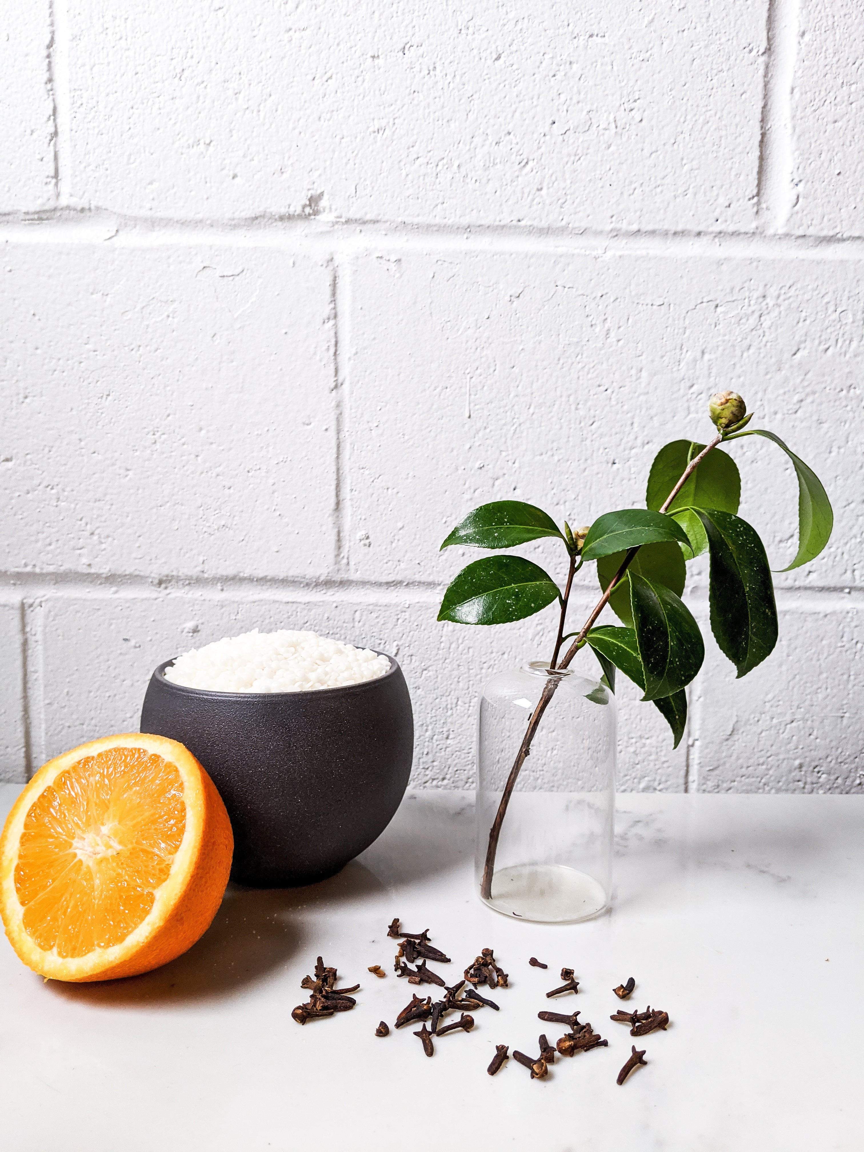 Orange, black bowl with white substance, glass vase with plant, and dried leaves on a white surface against a white brick wall.