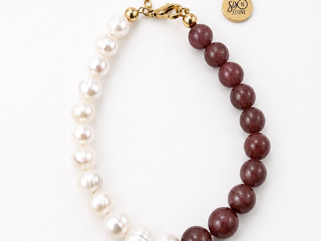Strawberries and Cream bracelet made with Natural strawberry quartz gemstones and Naturally cultured freshwater pearls from Six N Stone