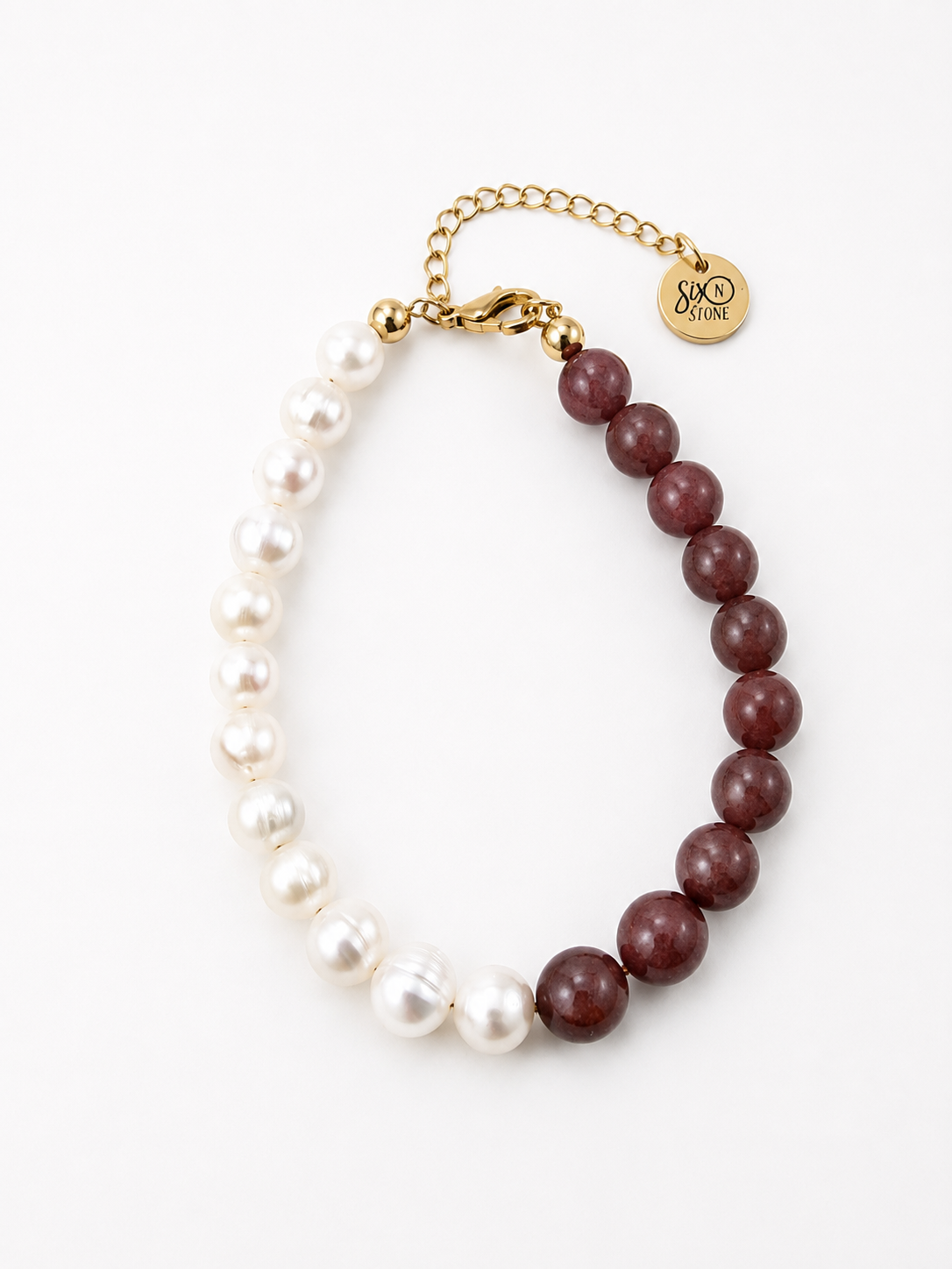 Strawberries and Cream bracelet made with Natural strawberry quartz gemstones and Naturally cultured freshwater pearls from Six N Stone