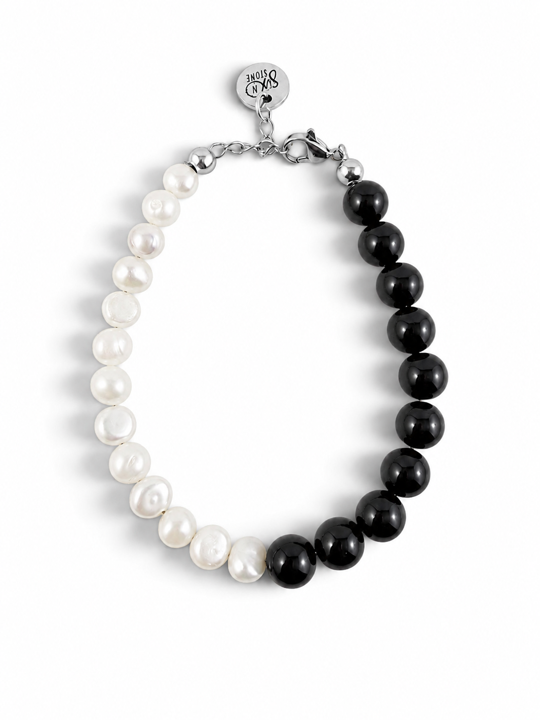 Cookies & Cream Bracelet Black Onyx and freshwater pearls by Six N Stone silver clasp