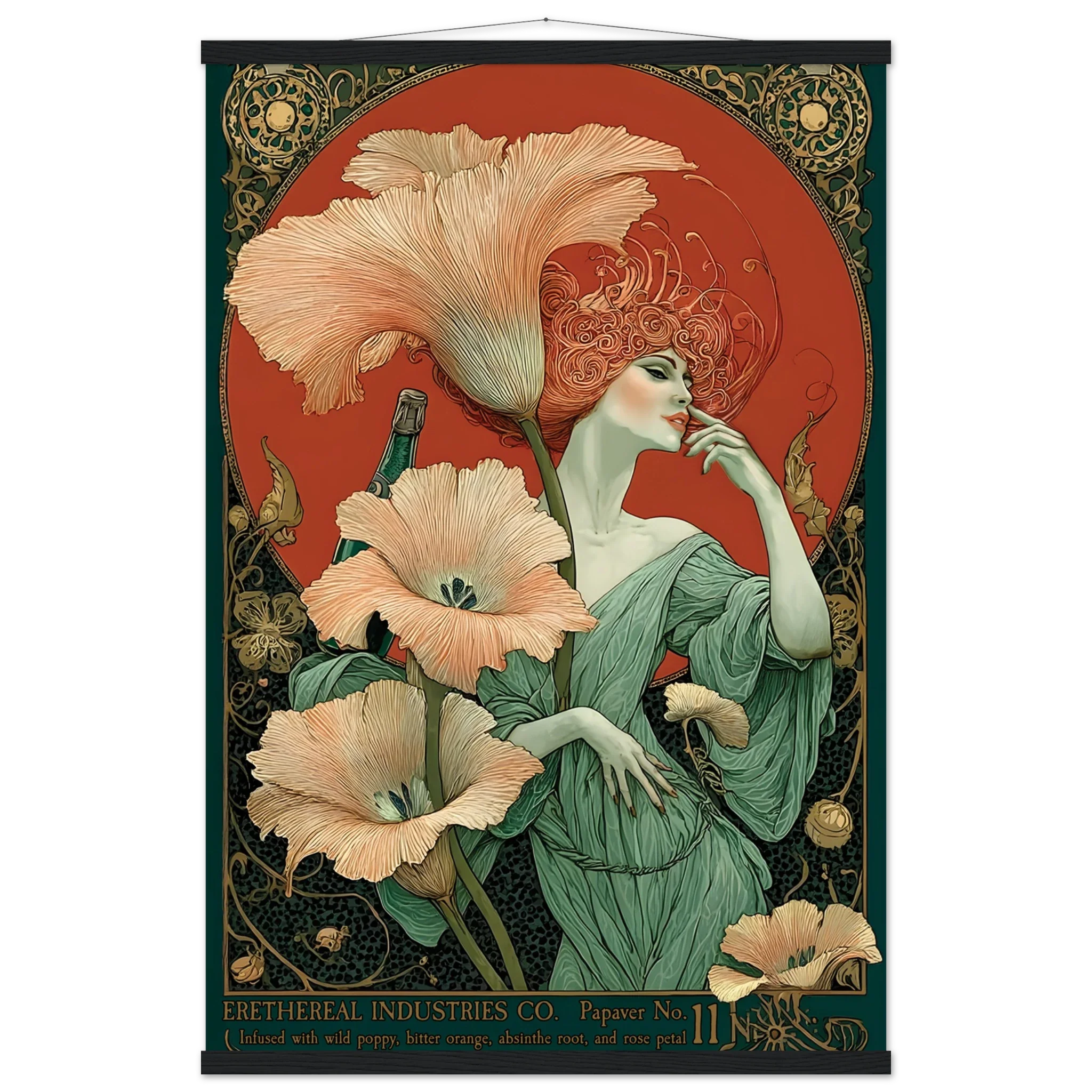 Art Nouveau-style poster with a woman and flowers on a red background