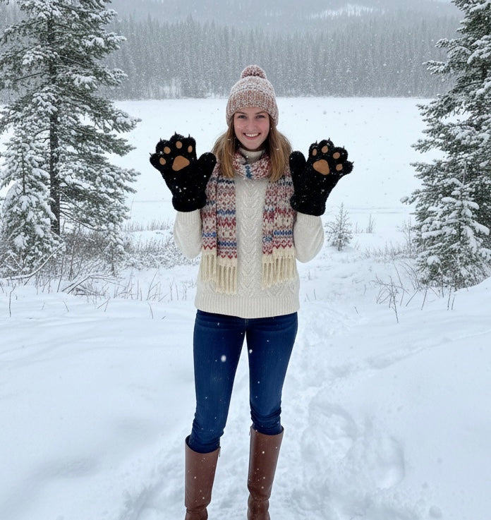 OldTribes Black Soft Plush Bear Paw Gloves – Cozy Winter Gloves