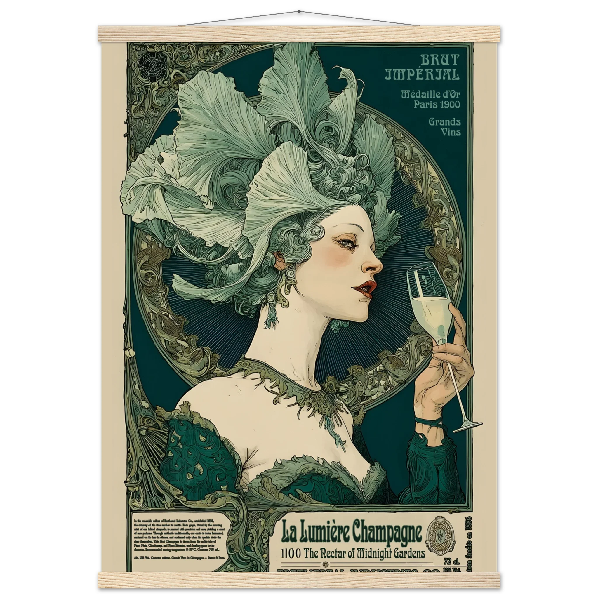 Vintage-style poster of a woman with a floral headdress holding a champagne glass, framed in a decorative manner.
