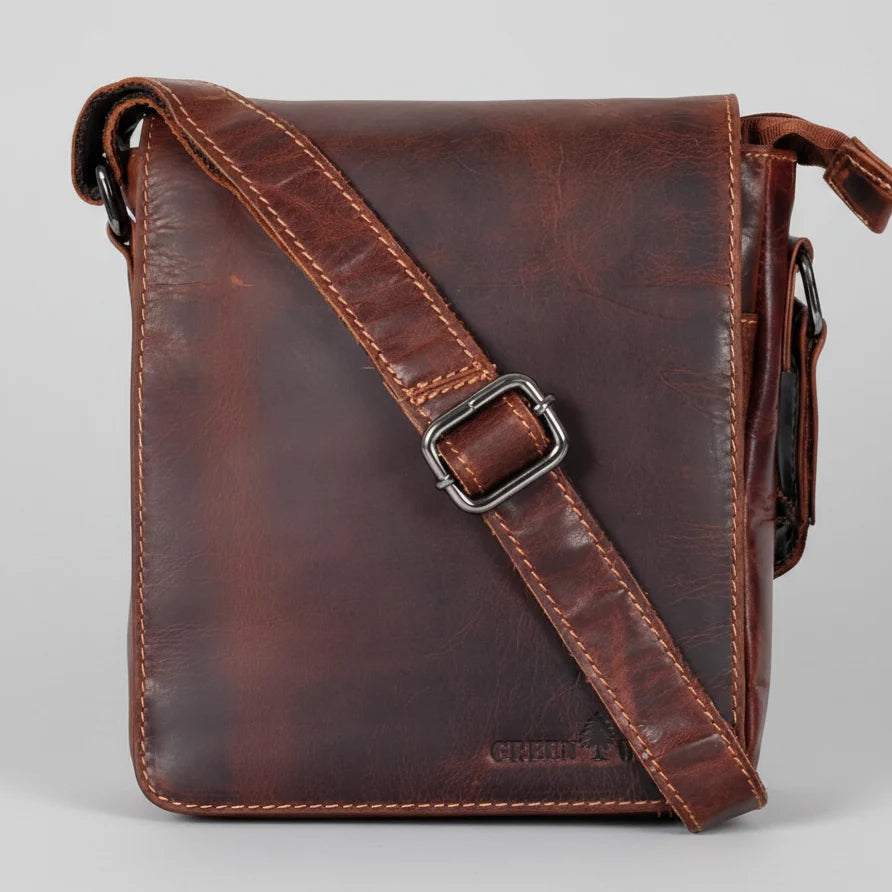 Greenwood Mini-Messenger Bag – Wax Pull-Up Leather Flap Over | Boutique of Leathers brown front