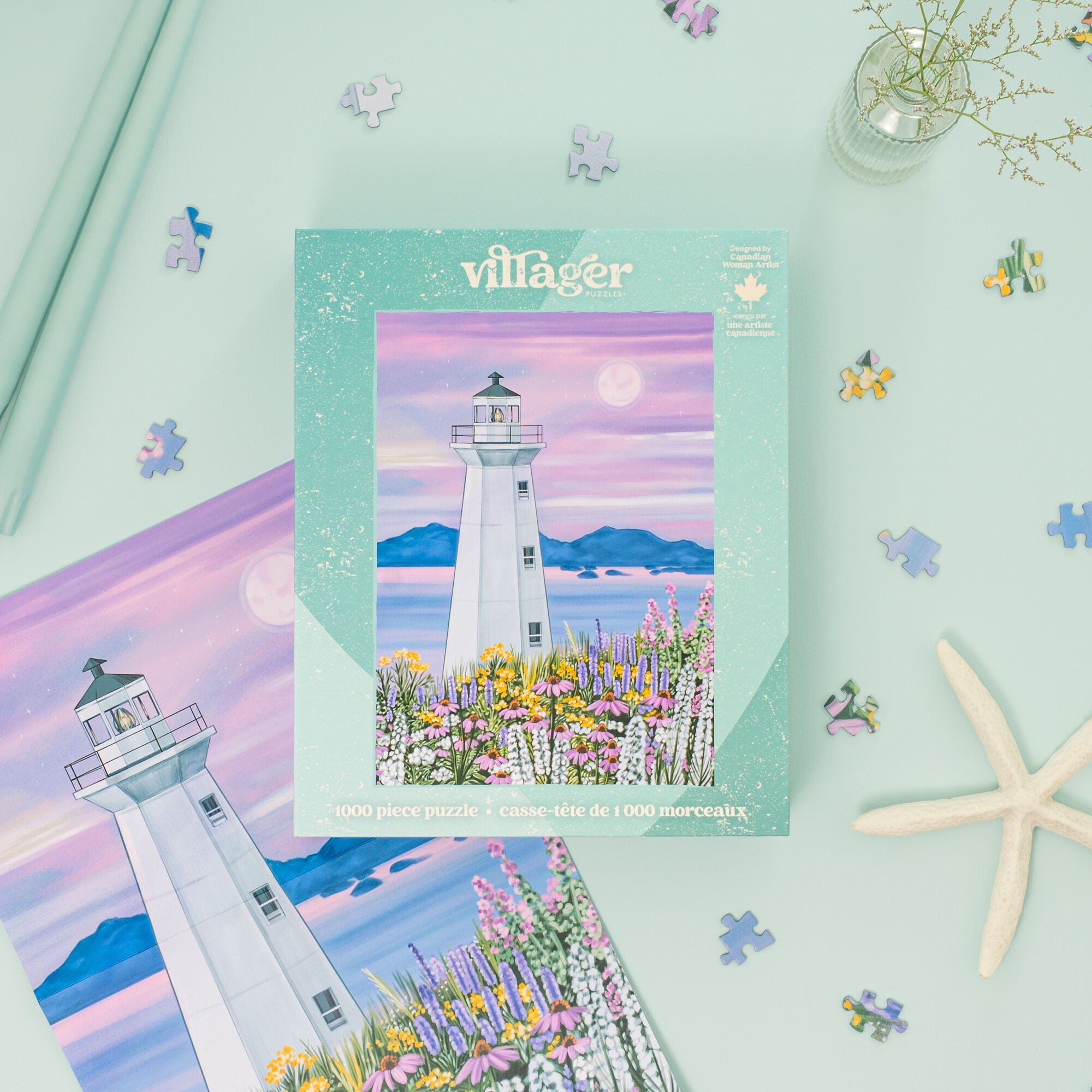 Villager puzzle box with lighthouse design on a light blue background Harbour Lighthouse| 1000-Piece Puzzle for Adults