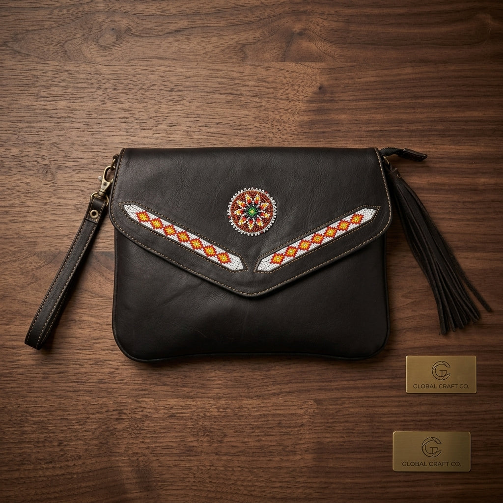 Black leather clutch bag with hand-beaded geometric details and a tassel, displayed on a dark wood background 