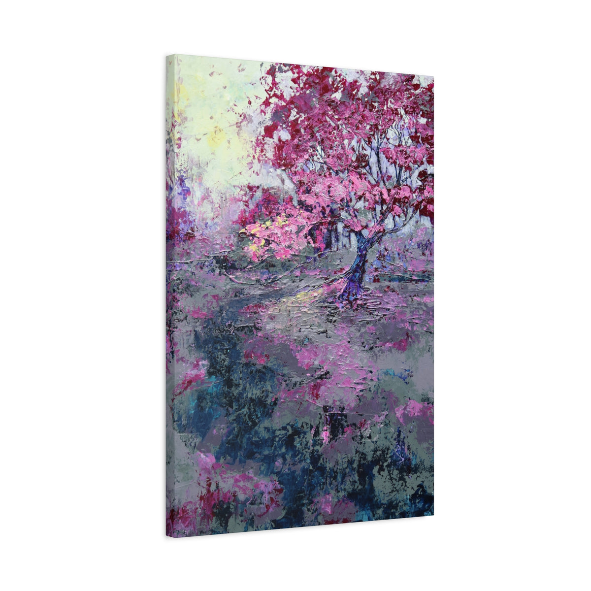 Nancy Overbury canvas print – Heather of the Rocks – pink flowering tree with lavender and blue-green landscape – vertical wall art -side view