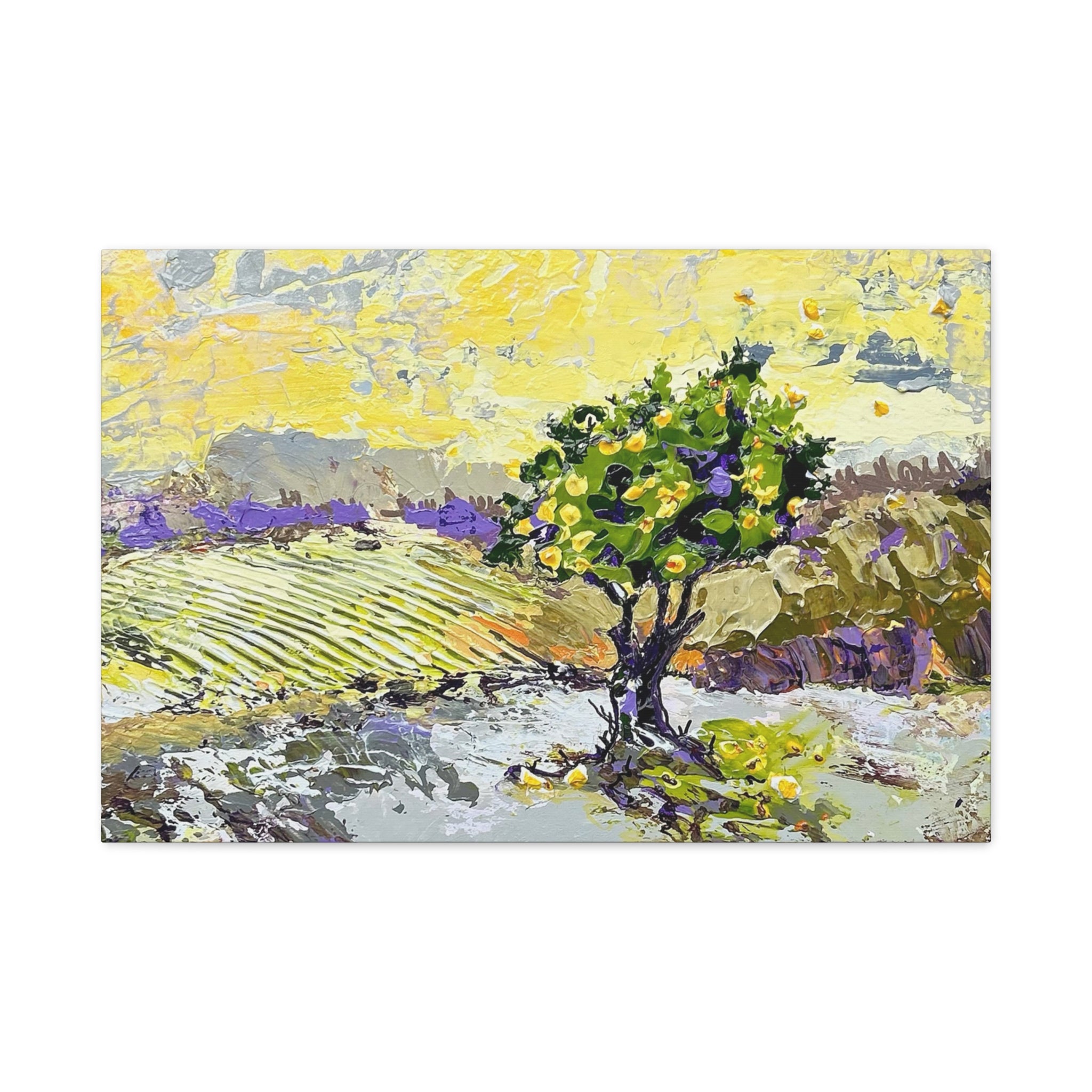 An impressionistic landscape painting of a lemon tree in a field, rendered in vibrant yellow, green, and purple brushstrokes, shown as a horizontal canvas against a white background. Restless is the Wind Canvas Print | Nancy Overbury