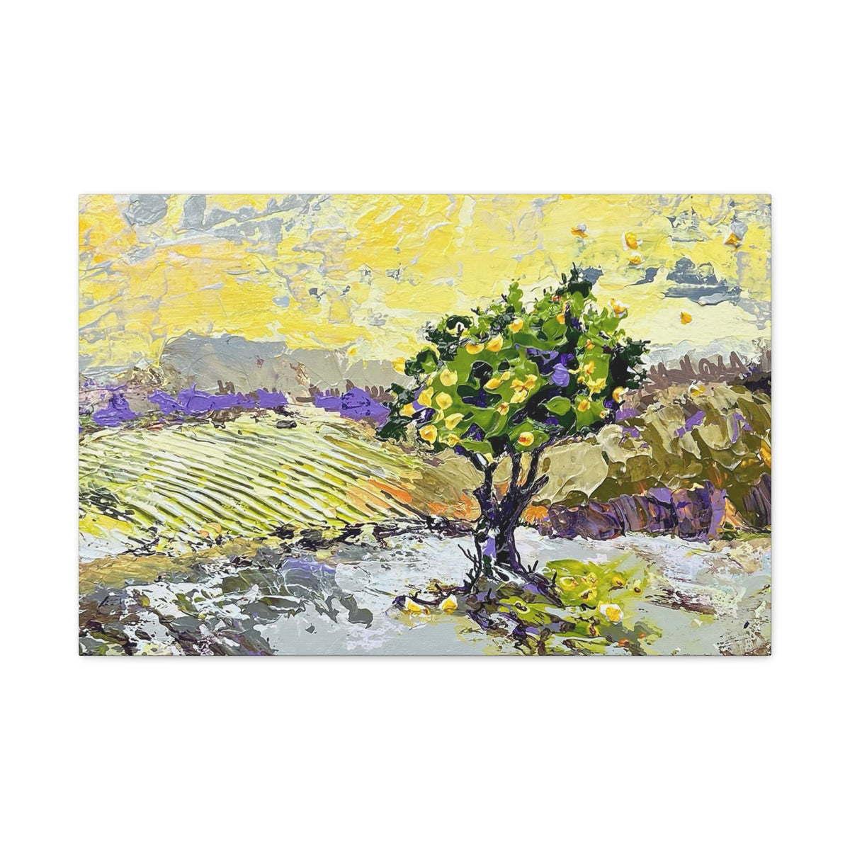 An impressionistic landscape painting of a lemon tree in a field, rendered in vibrant yellow, green, and purple brushstrokes, shown as a horizontal canvas against a white background. Restless is the Wind Canvas Print | Nancy Overbury
