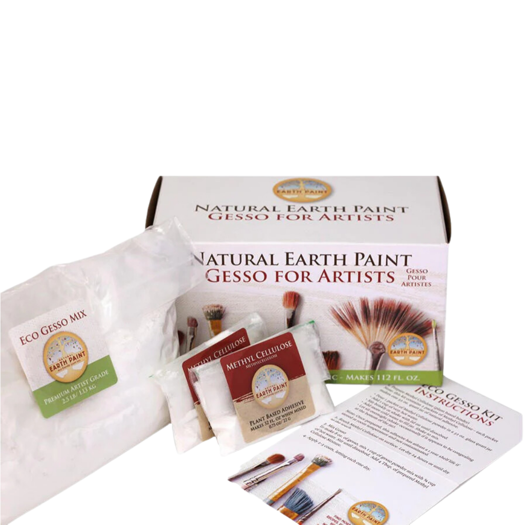 Natural Earth Paint Gesso for Artists kit with packaging, gesso mix, and instructions on a white background.