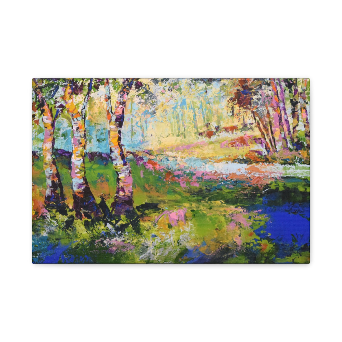 An impressionistic landscape print of a painting of birch trees and a pond, rendered in vibrant greens, blues, purples, pinks, and yellows, shown as a rectangular canvas against a plain white background.