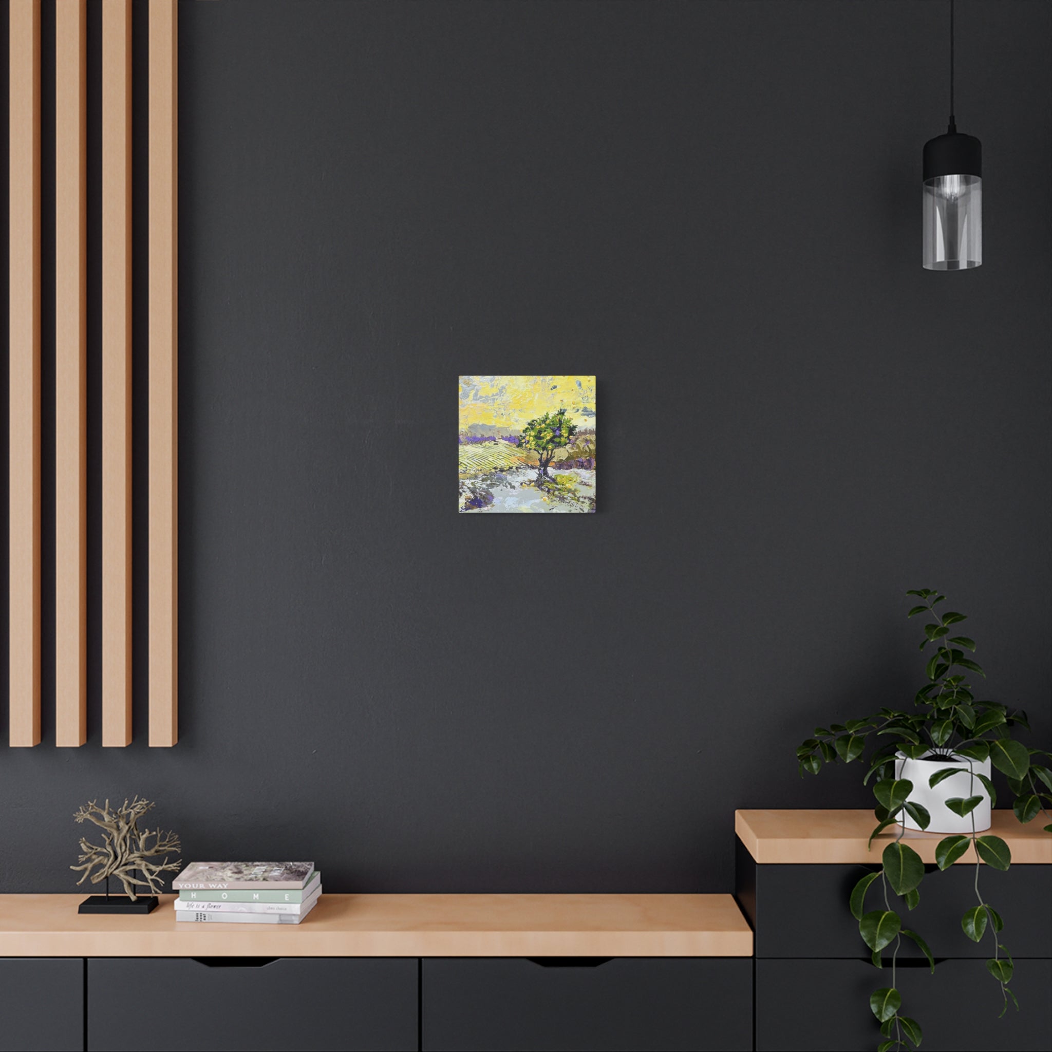 Modern interior with a dark wall, wooden shelves, and a sunset painting.