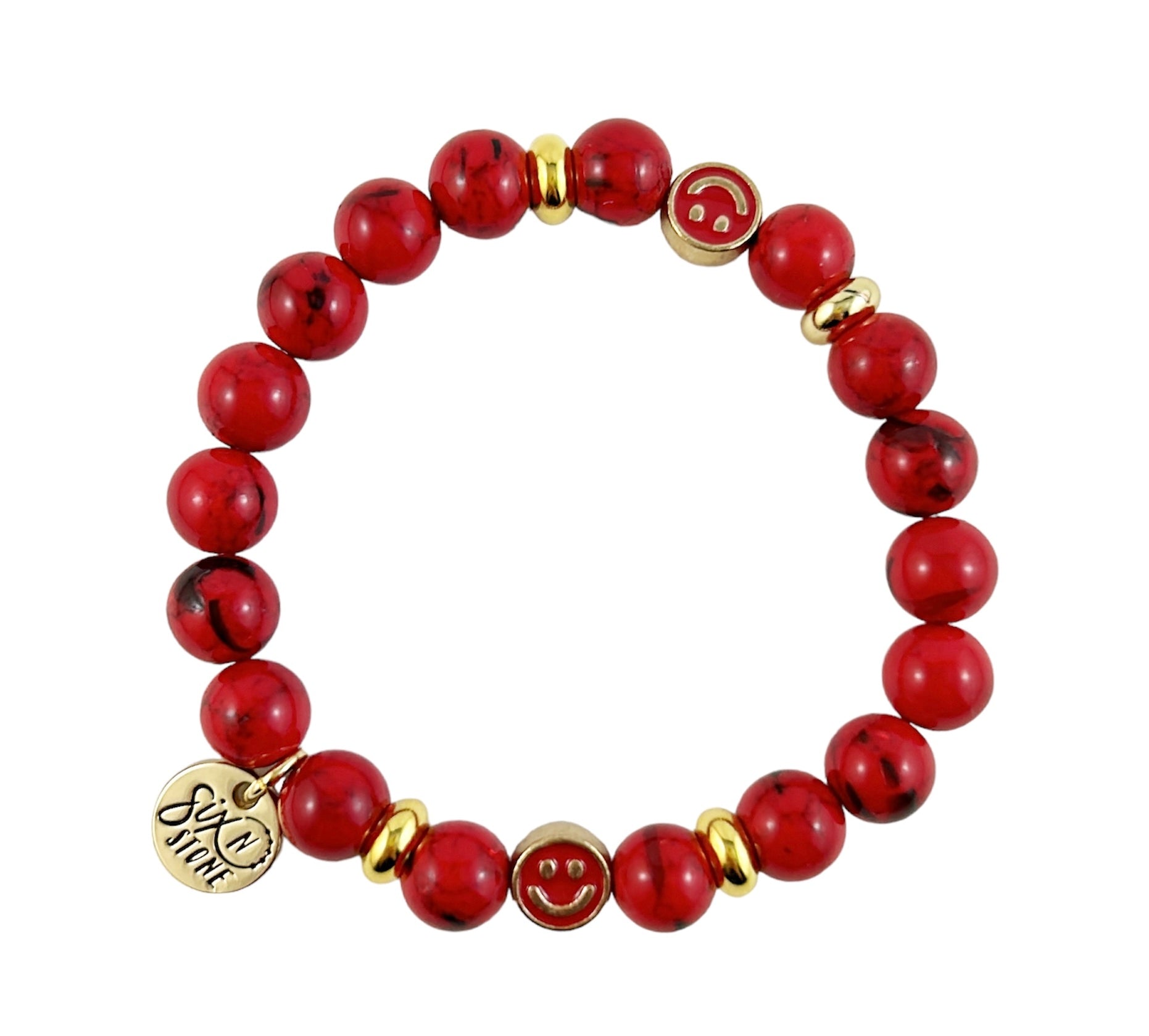 Red Howlite Happiness Bracelet with gold accents on a white background