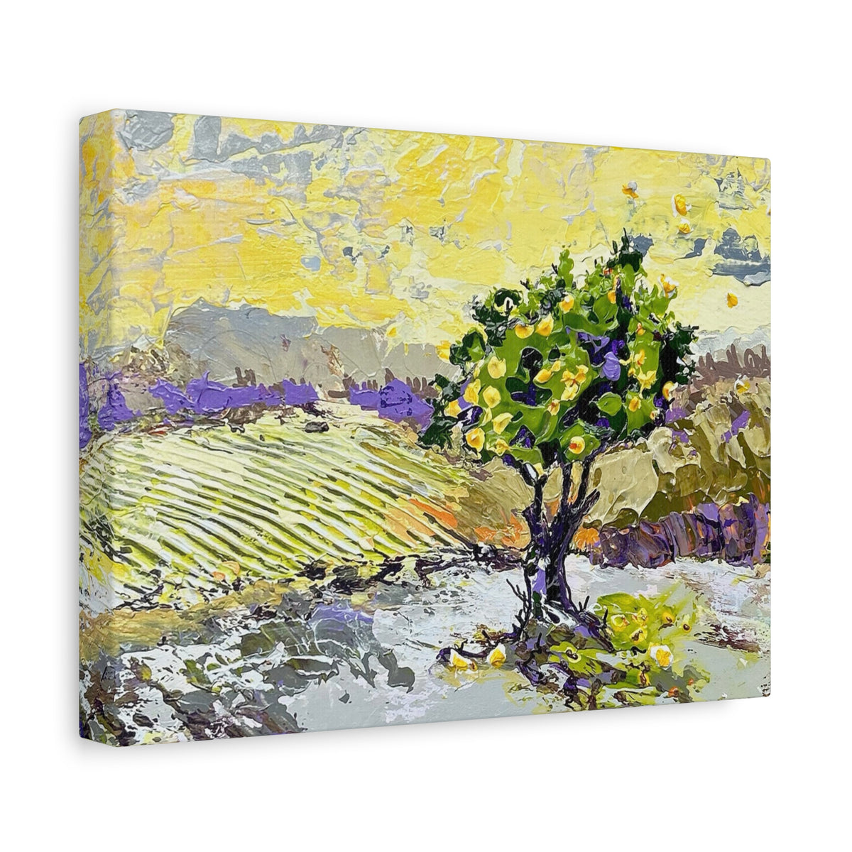A square canvas wall art print featuring an impressionistic landscape painting of a lemon tree in a field, rendered in yellow, green, purple, and gray tones, shown at a three-quarter angle on a white background.