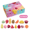 A colorful boxed set of novelty cocktail-themed edible bombs displayed on a black background, with a pink '15-PACK' badge and several sample edible bomb shapes arranged in front. The box reads 'BOMBS A COCKTAIL Discovery' and shows multiple bright flavor illustrations.