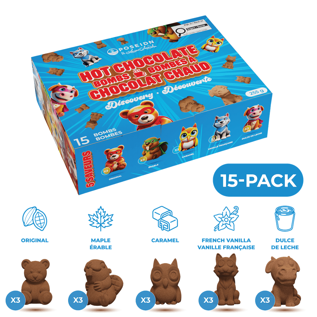 A blue box of Joseph's Discovery Hot Chocolate Bombs and Chocolat Chaud, a 15-pack, shown on a black background with flavor icons and chocolate bomb examples below.