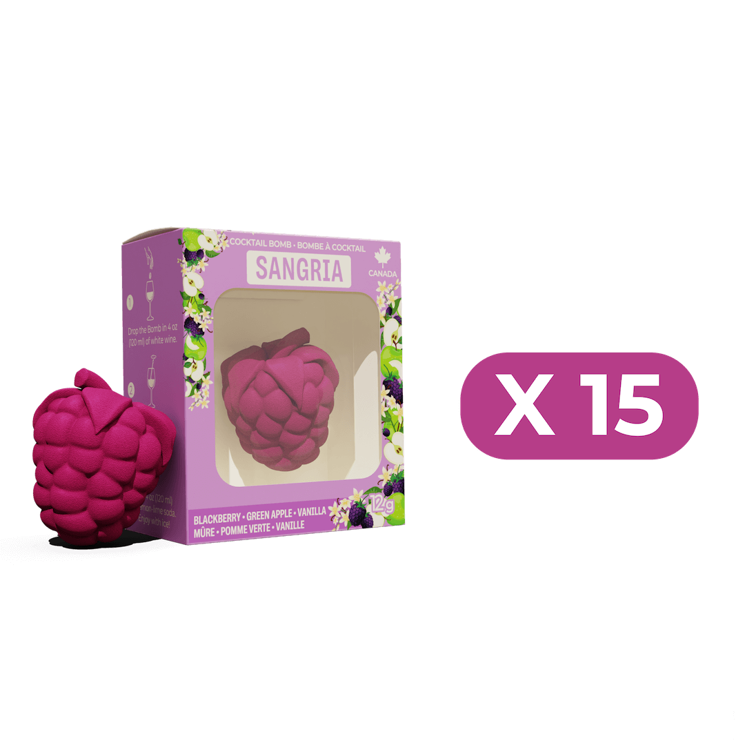 Packaging of 'Sangria' flavor bombs on a black background.