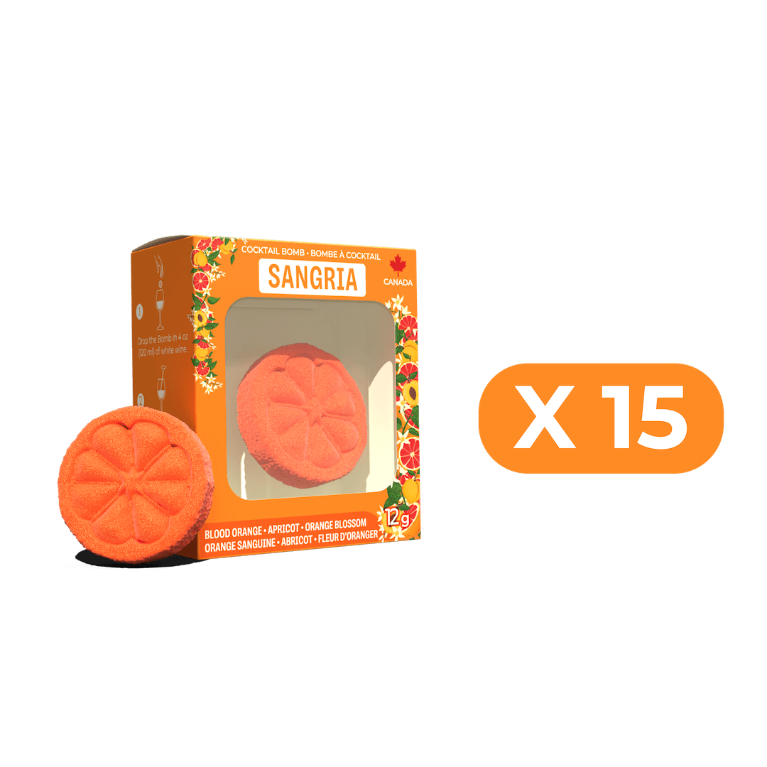 Box of Sangria cocktail mix with an orange flavor, featuring a single orange slice and 'X 15' label on a black background.