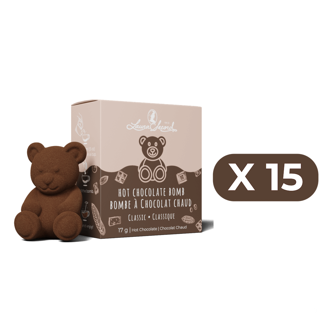 Hot chocolate bomb packaging with a bear-shaped chocolate bomb and a box labeled 'X 15'.