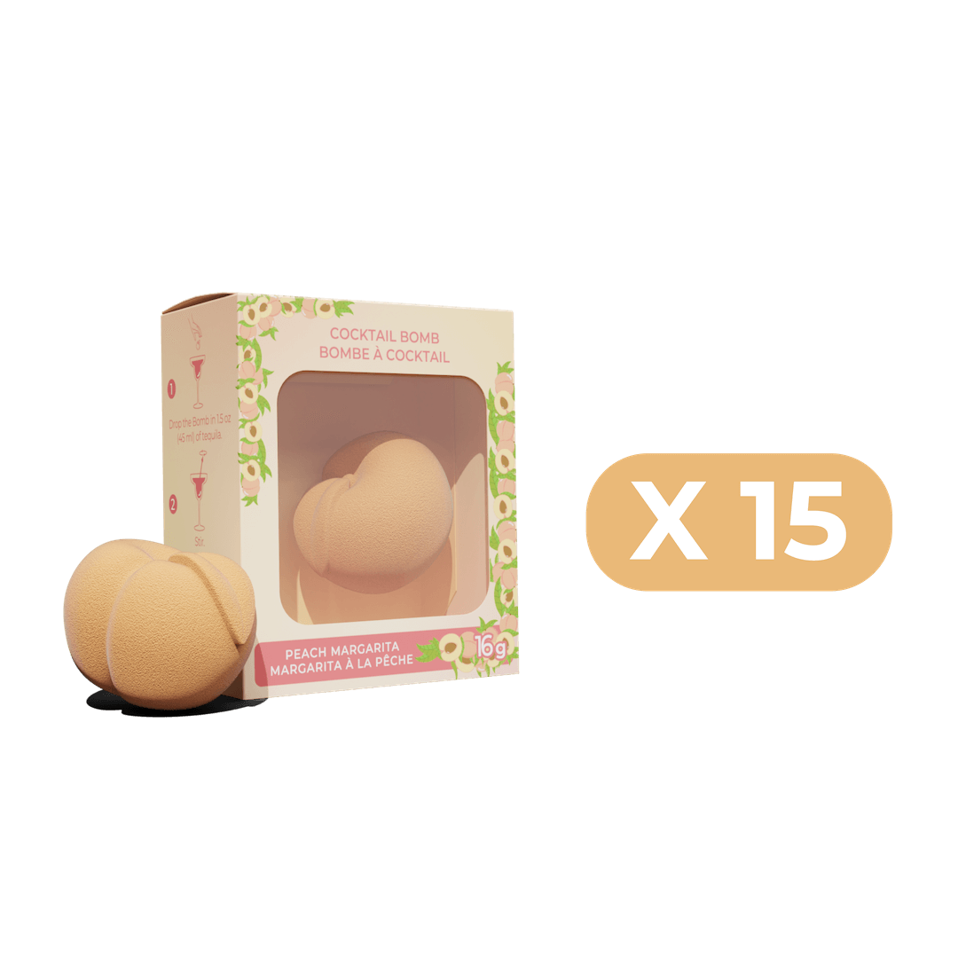 Poseidn Peach Margarita Packaging of peach margarita bath bombs with a clear window showing the product inside, on a black background.