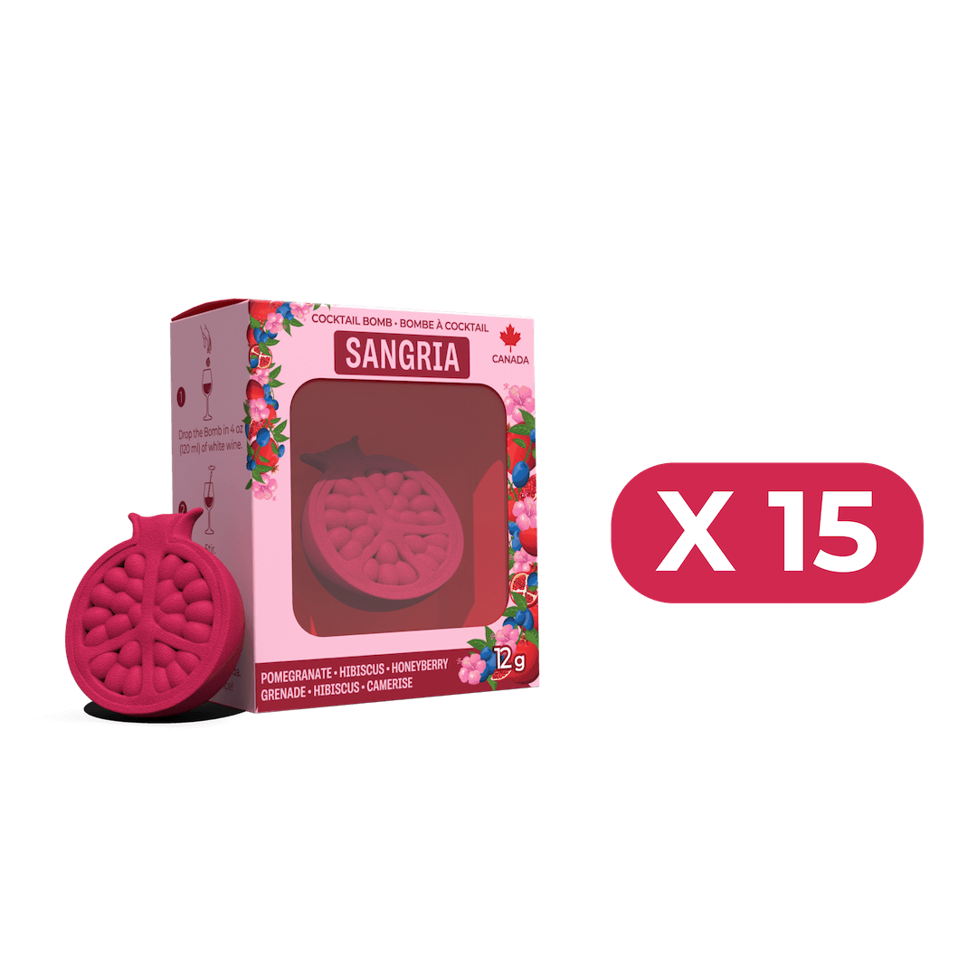 Pink cocktail bomb with packaging labeled 'Sangria' and a quantity indicator 'X 15' on a black background.