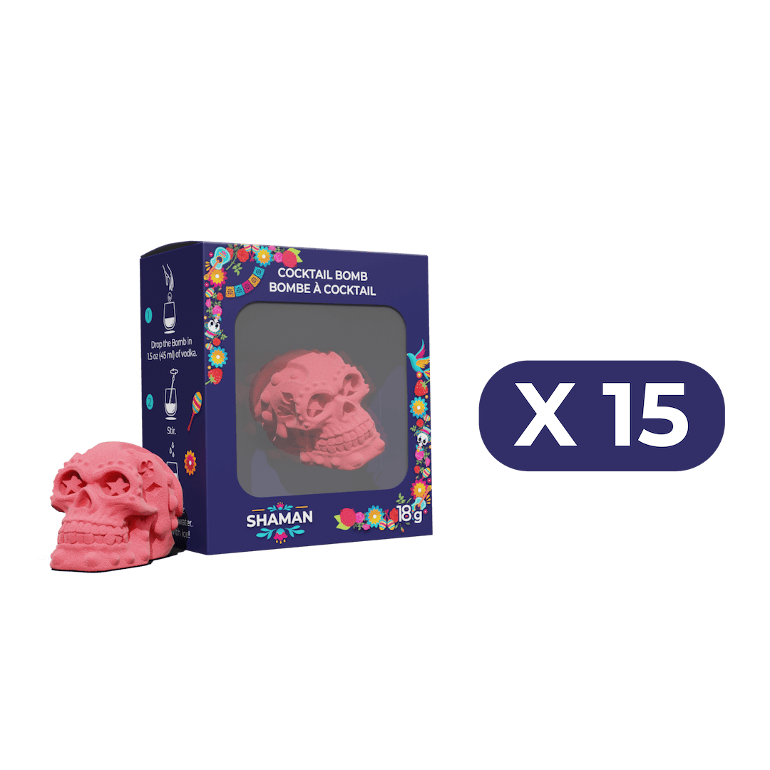Pink skull-shaped cocktail bomb with colorful packaging and 'Shaman' branding on a black background.