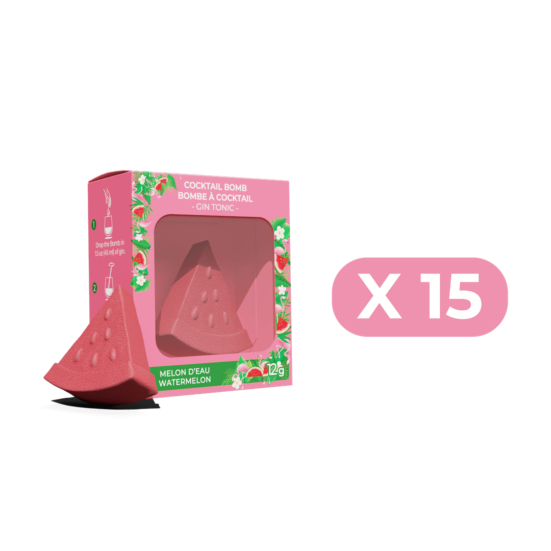 Packaging of watermelon cocktail bombs with a pink box on a black background