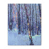 A vertical canvas wall art print depicting an impressionistic winter forest scene with tall dark tree trunks and a snowy ground in shades of blue, purple, and white.