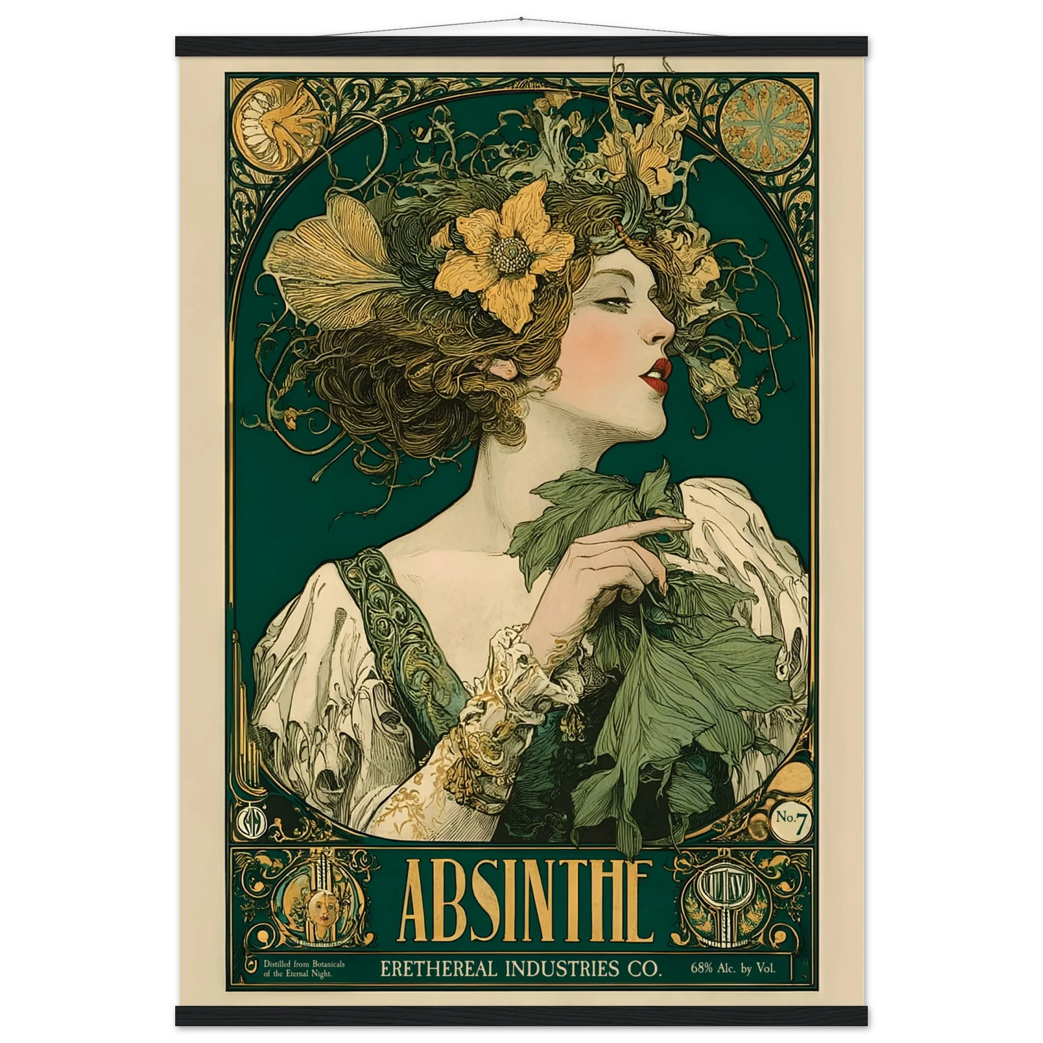 Vintage-style Absinthe poster with a woman holding leaves and flowers.