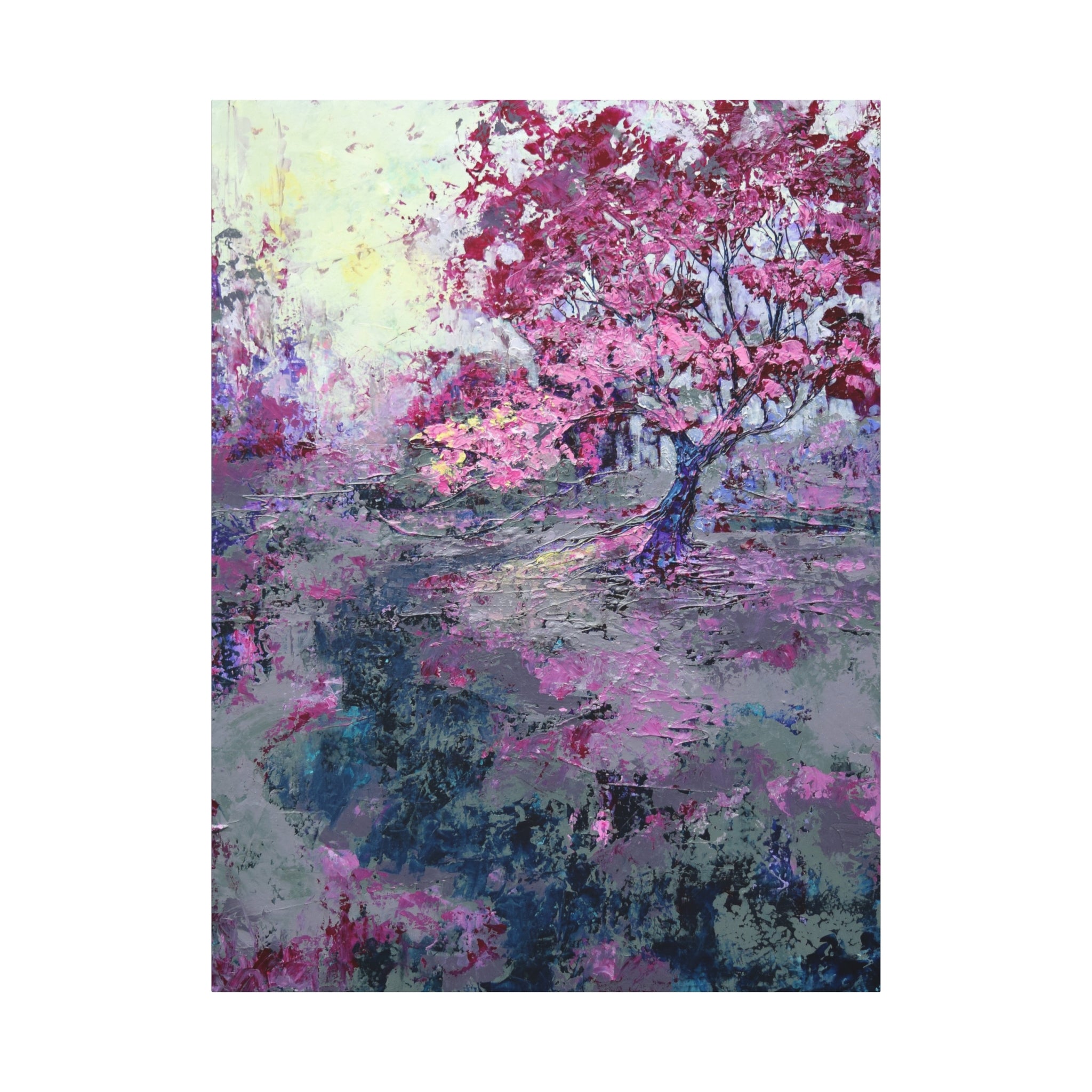 Nancy Overbury canvas print – Heather of the Rocks – pink flowering tree with lavender and blue-green landscape – vertical wall art