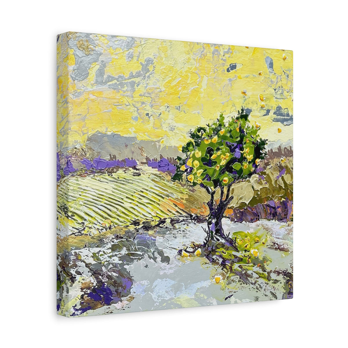 A square canvas wall art print featuring an impressionistic landscape painting of a lemon tree in a field with lavender, rendered in bright yellow, green, purple, and gray tones.