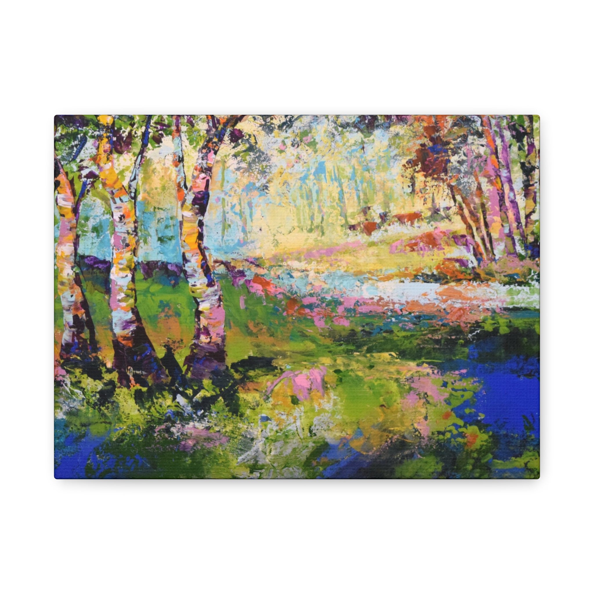 A colorful impressionist-style painting of a forest scene with birch-like trees, green and blue foliage, pink and yellow highlights, and a reflective water foreground, shown against a plain white background.