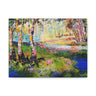 A colorful impressionist-style painting of a forest scene with birch-like trees, green and blue foliage, pink and yellow highlights, and a reflective water foreground, shown against a plain white background.