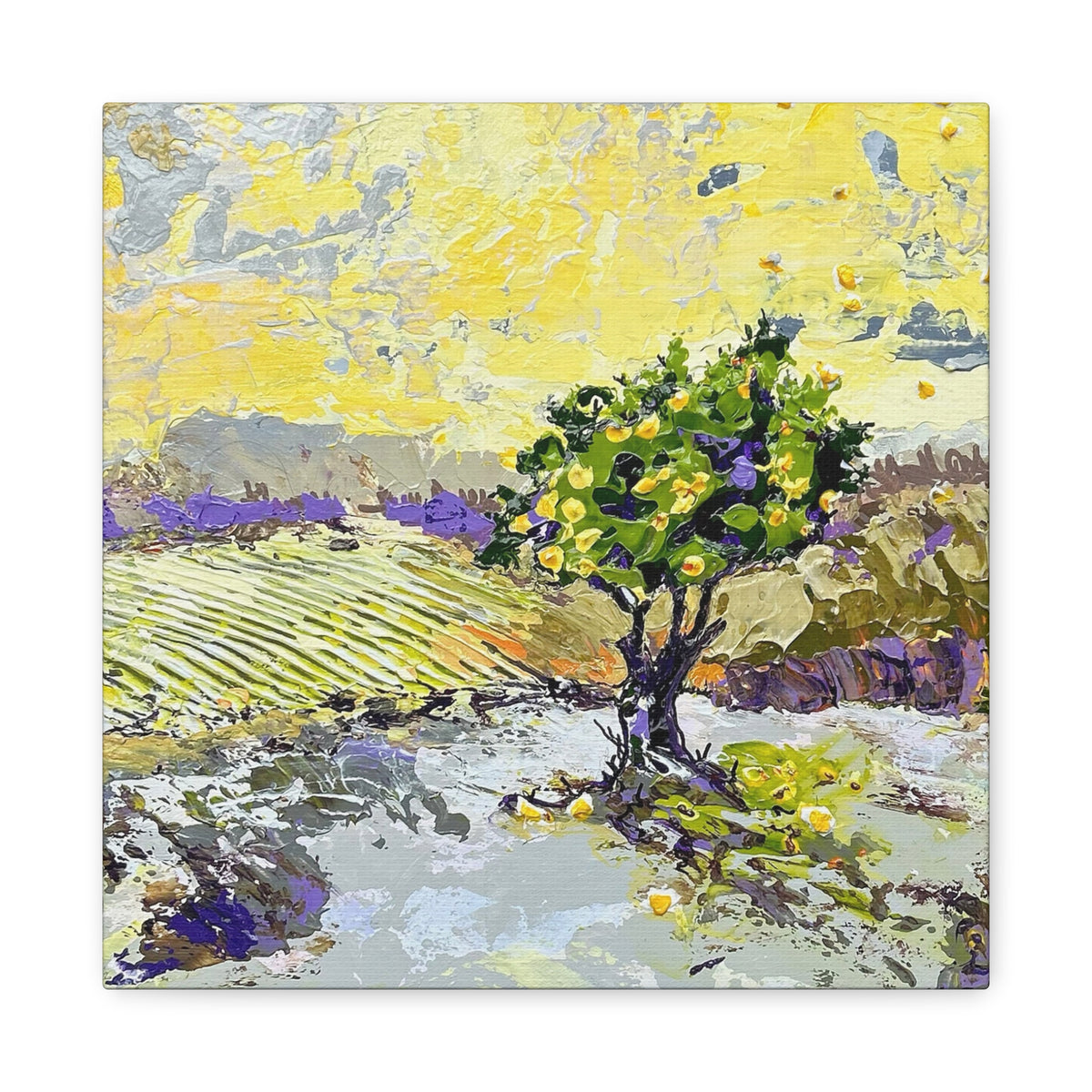 Restless is the Wind Canvas Print | Nancy Overbury An impressionistic landscape painting featuring a green tree with yellow flowers in the foreground, lavender fields in purple on the left, and a bright yellow sky, shown as a square print with a thin white border.