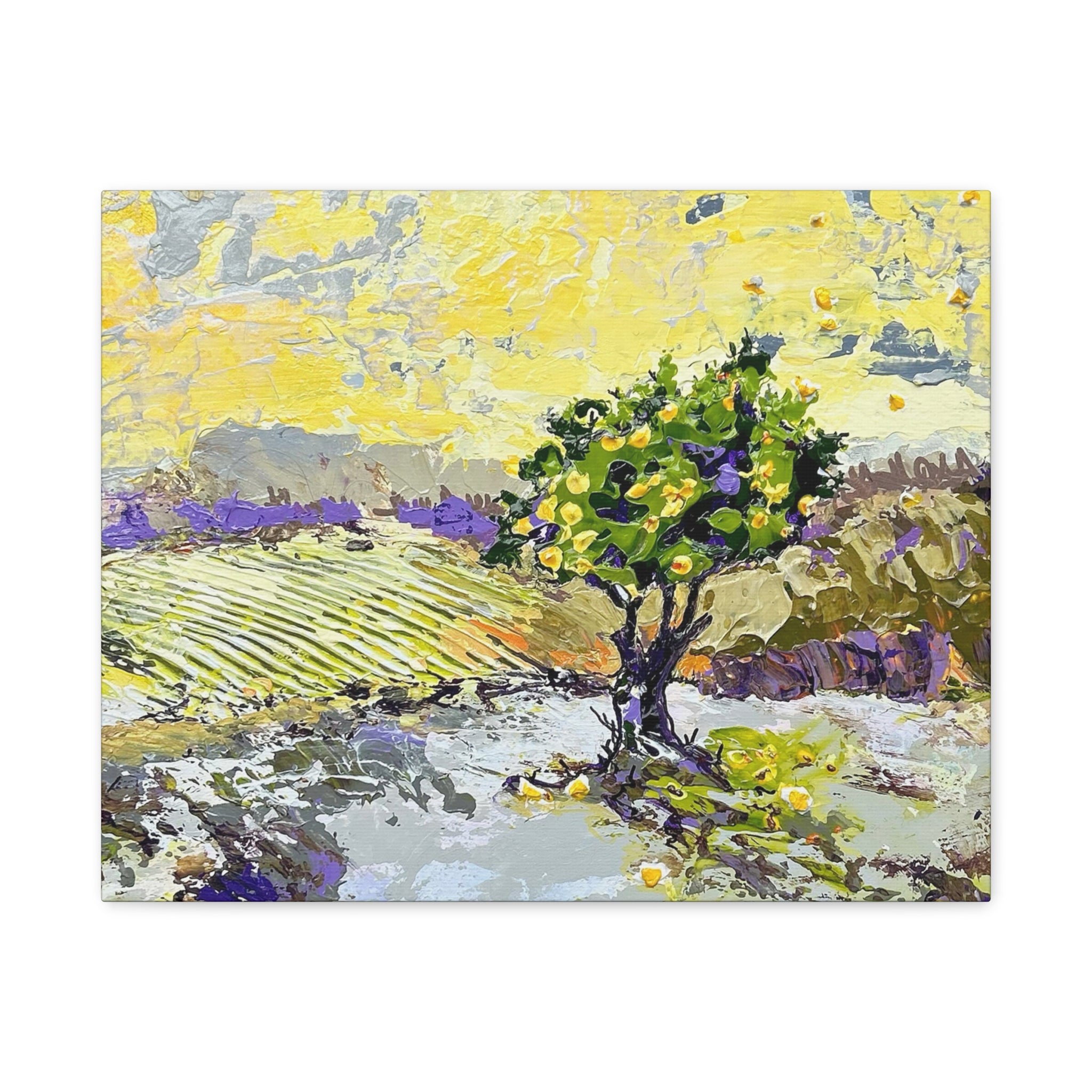 Restless is the Wind Canvas Print | Nancy Overbury An impressionist landscape painting featuring a prominent green tree with yellow fruit, set against a bright yellow sky and lavender fields, shown on a white background.
