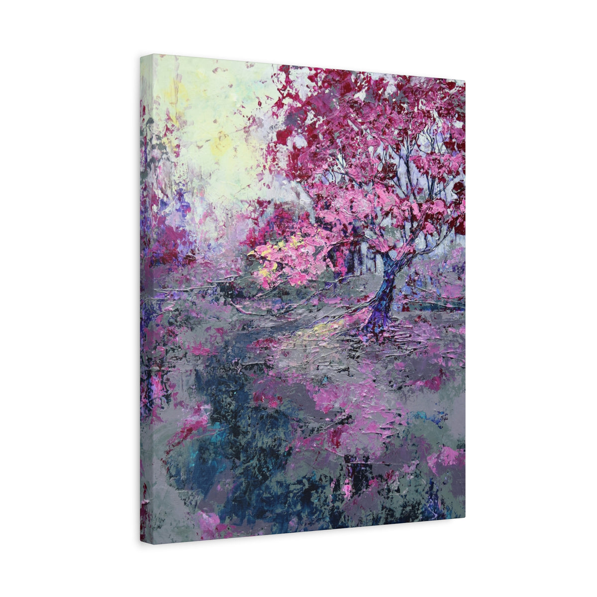 Nancy Overbury canvas print – Heather of the Rocks – pink flowering tree with lavender and blue-green landscape – vertical wall art -side view
