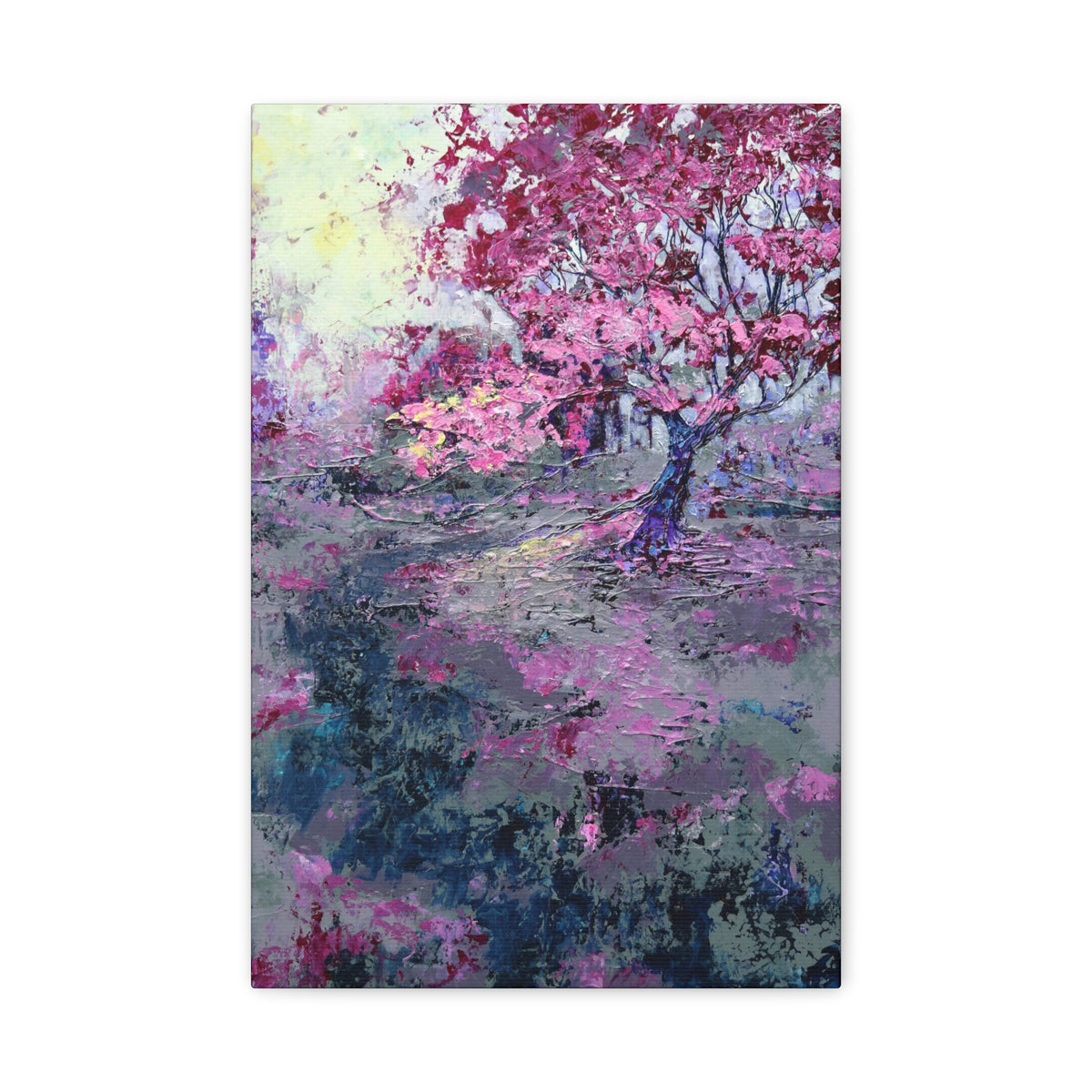 Nancy Overbury canvas print – Heather of the Rocks – pink flowering tree with lavender and blue-green landscape – vertical wall art