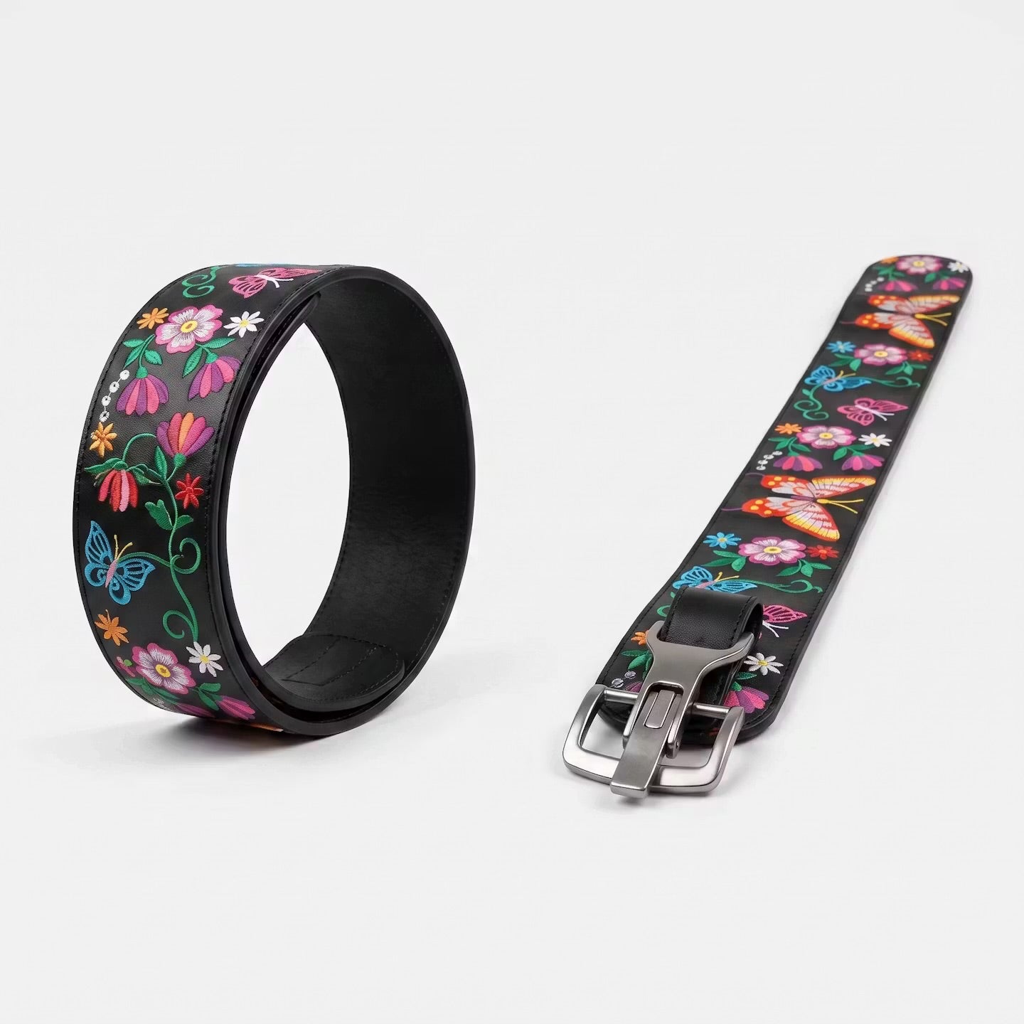 OldTribes Heritage Leather Regalia Belt – Butterfly – Black Leather with Turquoise & Ochre Embroidery