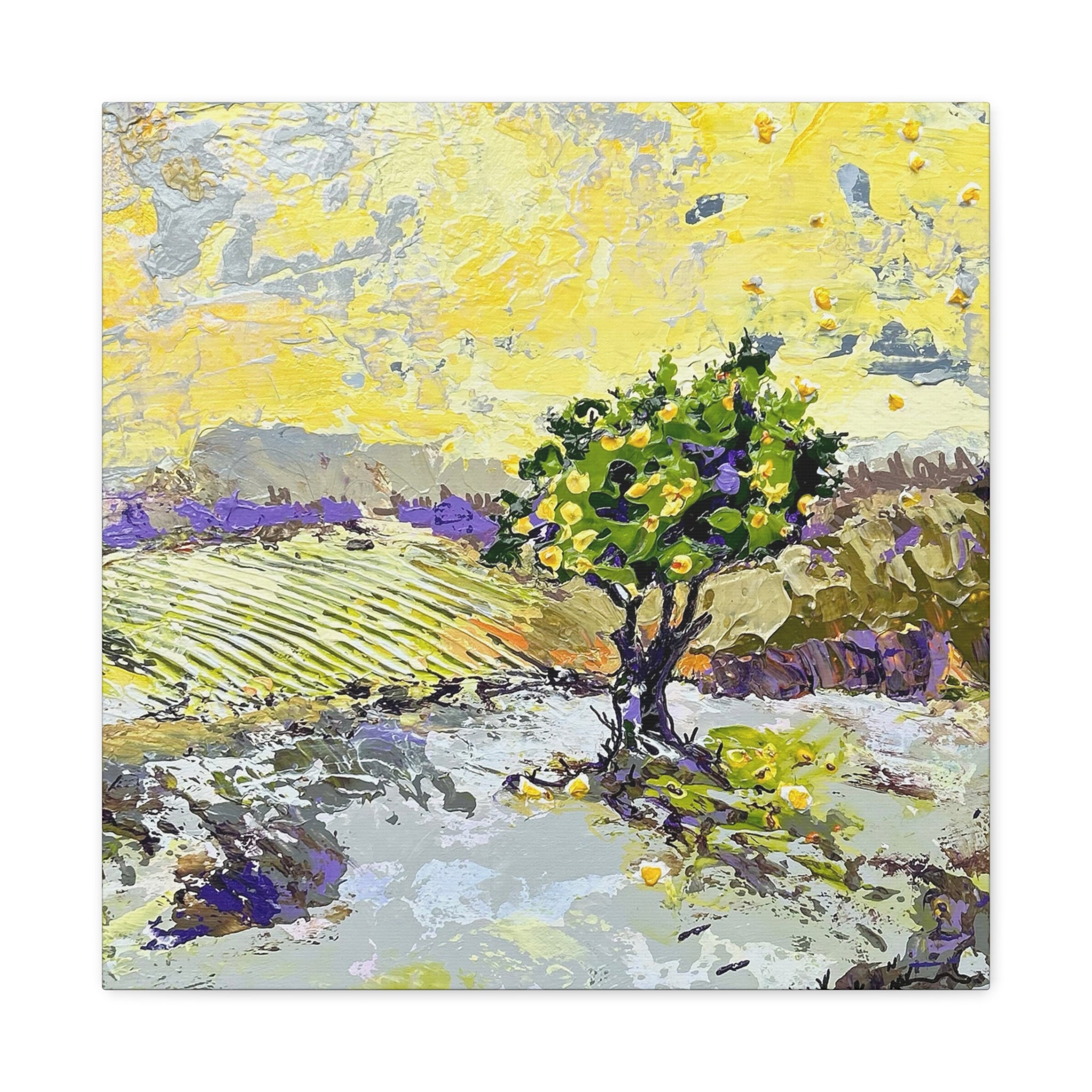 Restless is the Wind Canvas Print | Nancy Overbury An impressionistic landscape painting featuring a green tree with yellow fruit in the foreground, lavender fields in the midground, and a bright yellow sky, shown as a square canvas print on a white background.