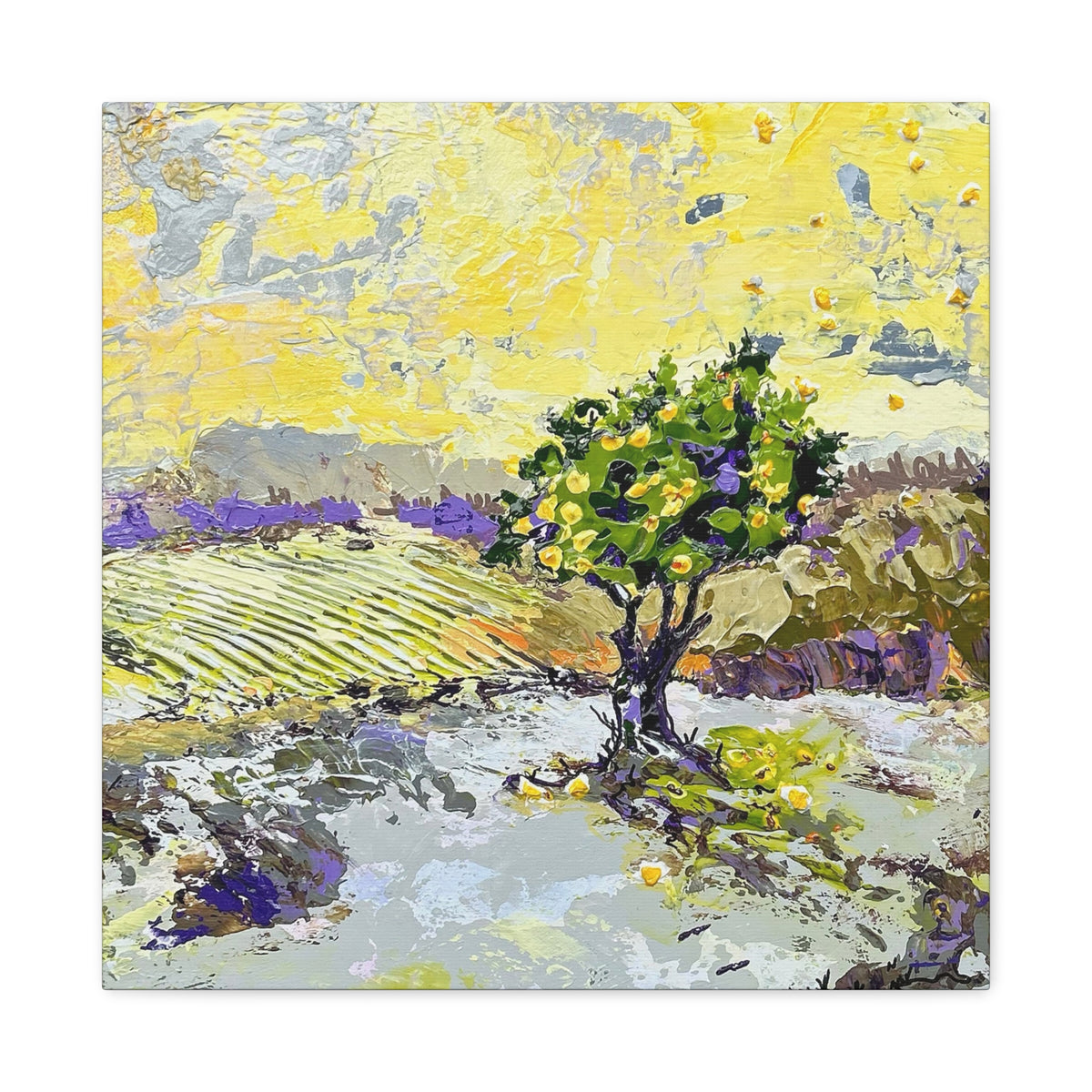 Restless is the Wind Canvas Print | Nancy Overbury An impressionistic landscape painting featuring a green tree with yellow fruit in the foreground, lavender fields in the midground, and a bright yellow sky, shown as a square canvas print on a white background.
